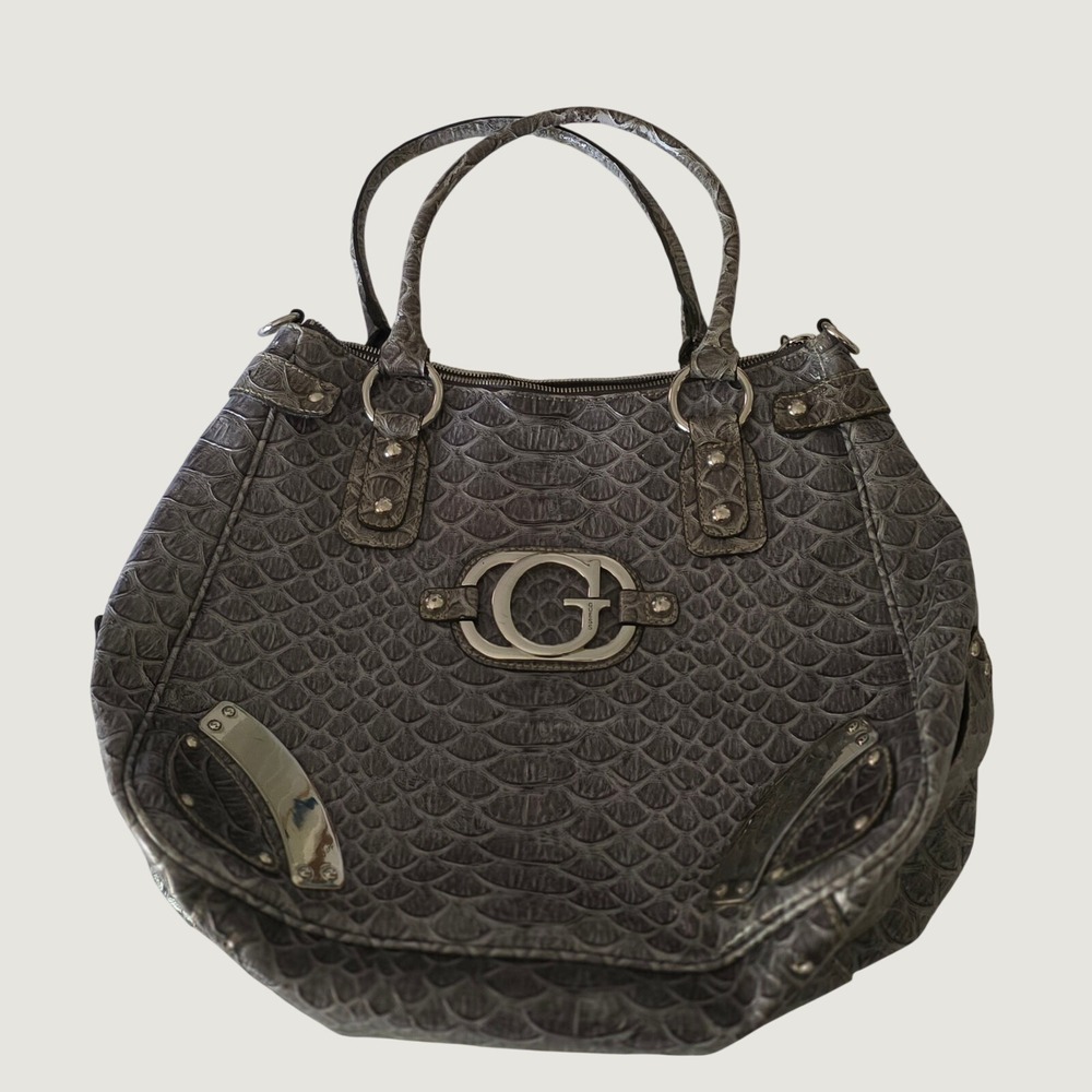 Vintage Y2K Gray Guess Oversized Statement Hobo Shoulder Bag Faux Crocodile